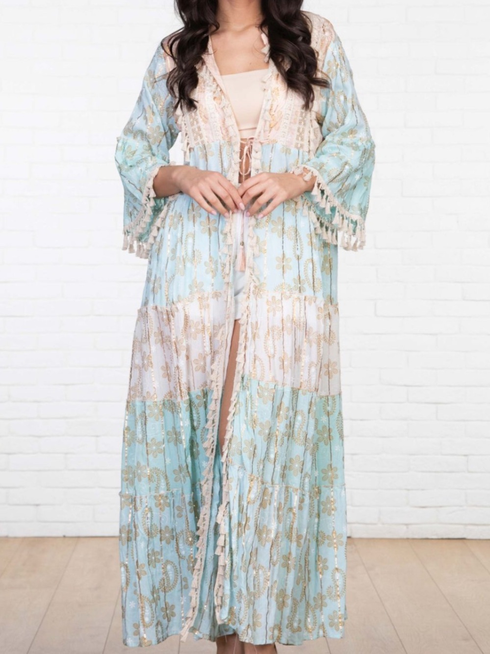 Boho Maxi Light Turquoise and Blush Kimono with Tassel Trim. Size Large.